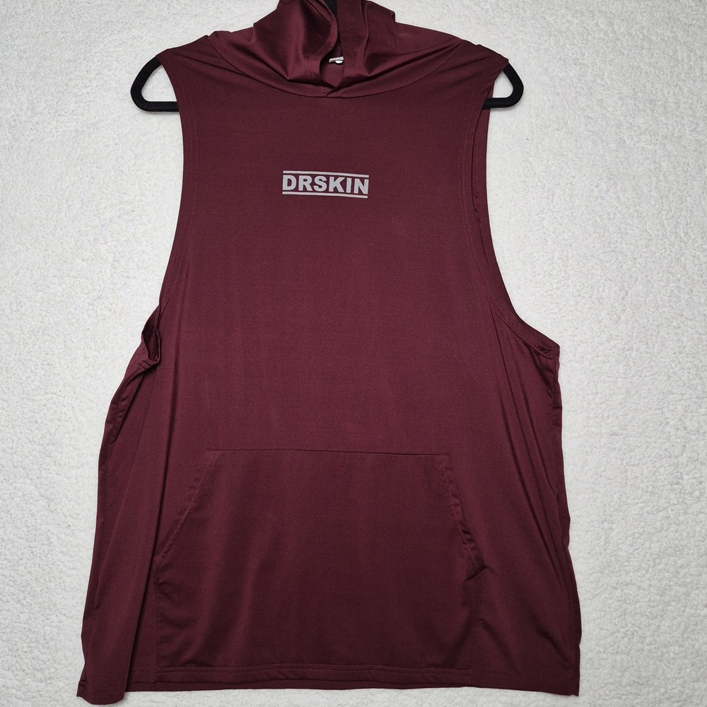 Dr Skin Men's Maroon Red Hooded Workout Gym Tank Top  XL